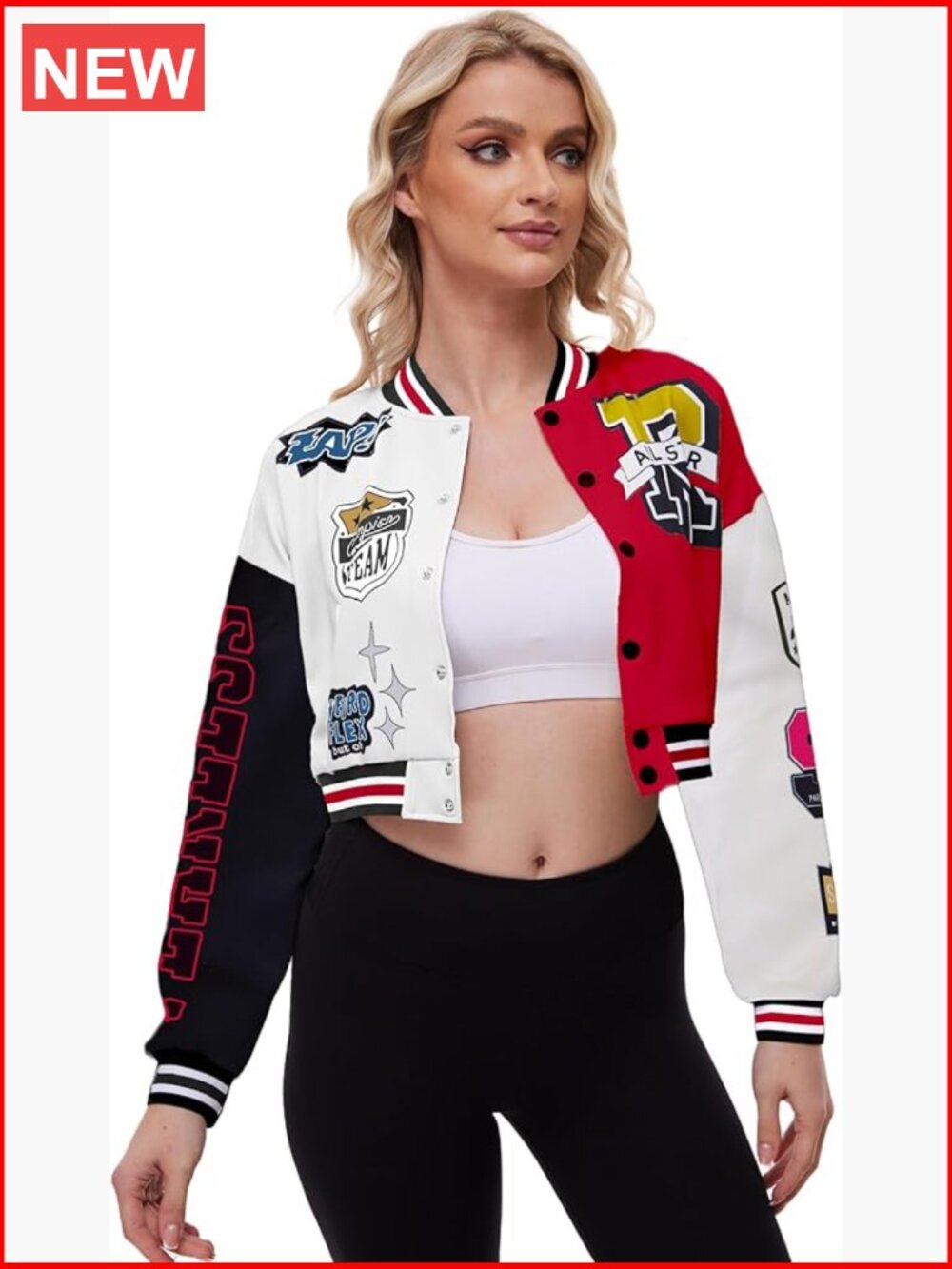 Cropped Colorblock Varsity Bomber Jacket Lightweight Button Down Casual Coat